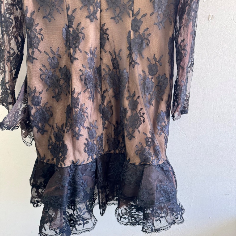 Victor Costa Black Lace Long Sleeve Tiered Mini Dress over Nude Slip - Picture 11 of 14